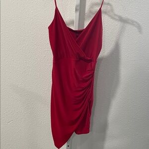 Red Ruched V Neck Slip Dress - Women